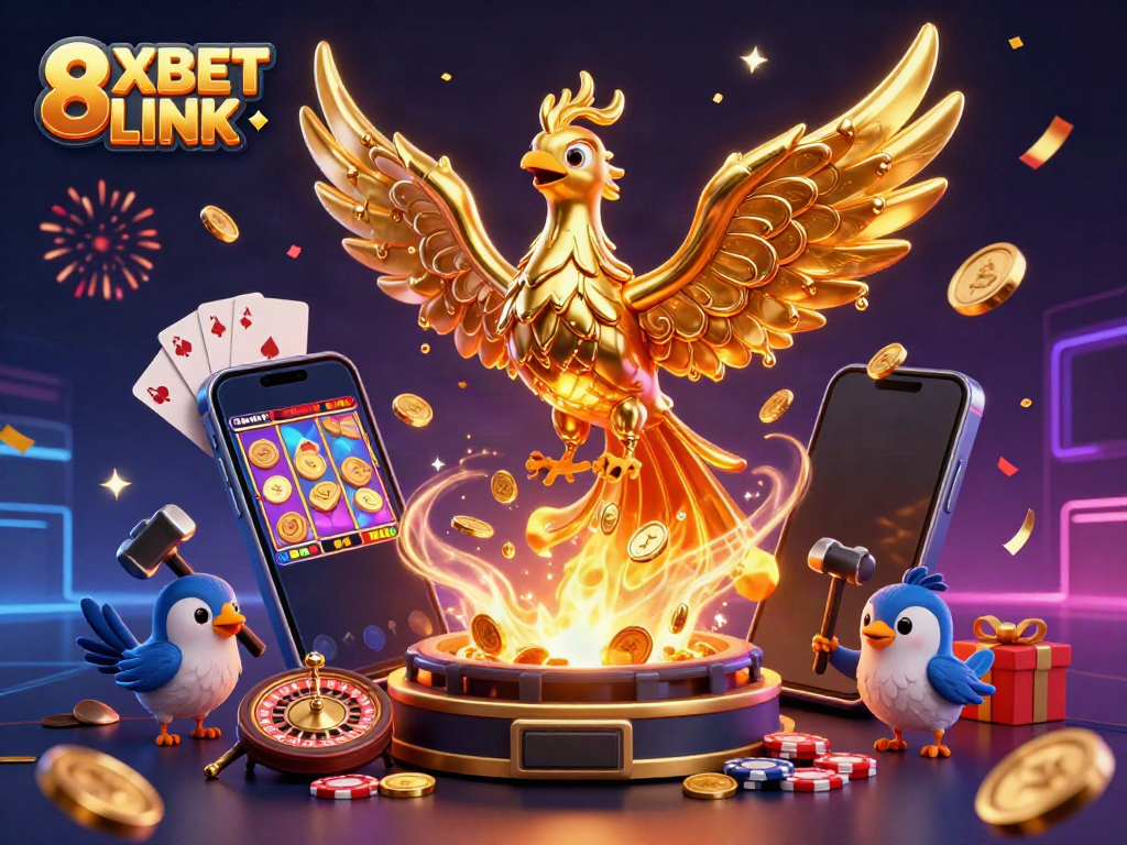 Play exciting games with 8XBET LINK featured in a vibrant casino-themed artwork showing dynamic elements.