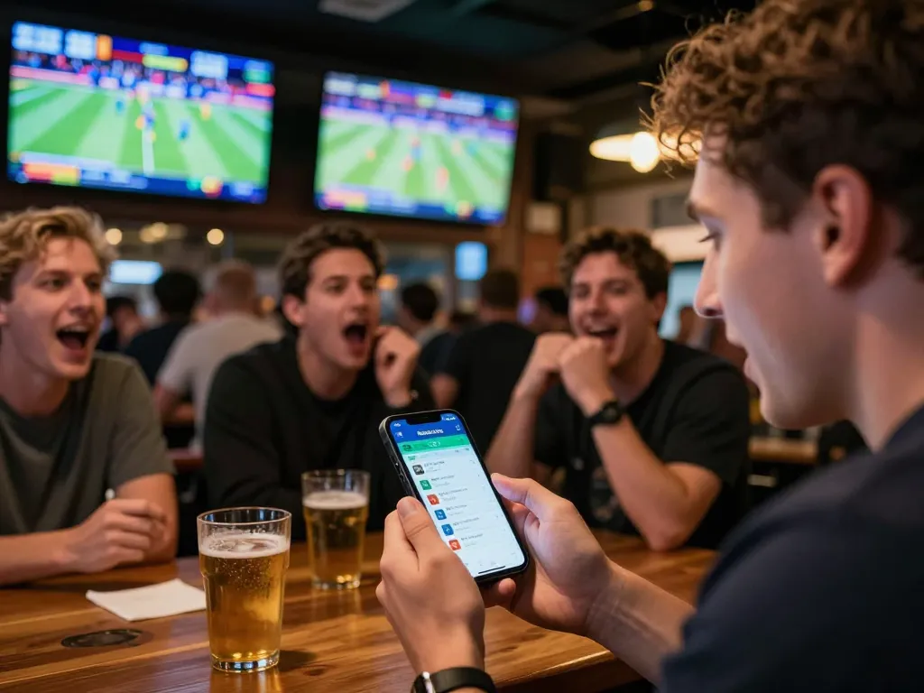 Person placing a bet on sports using king33 app at a lively sports bar with multiple screens