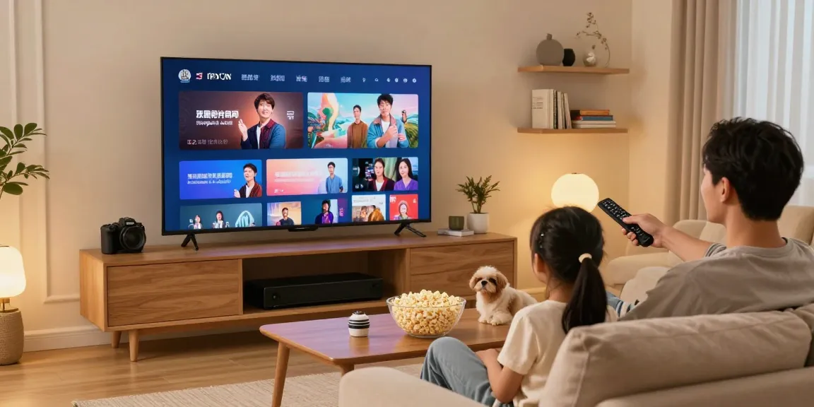 Família desfrutando de IPTV na sala de estar, com televisão e ambiente acolhedor.