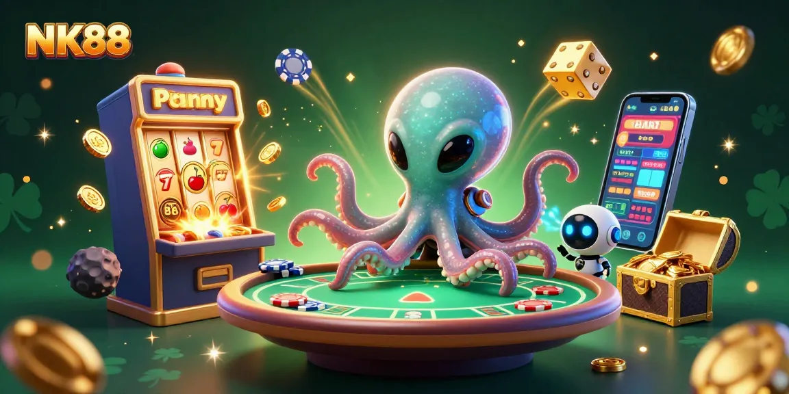 Experience vibrant gaming excitement with NK88's 3D alien octopus at a holographic poker table surrounded by casino action.
