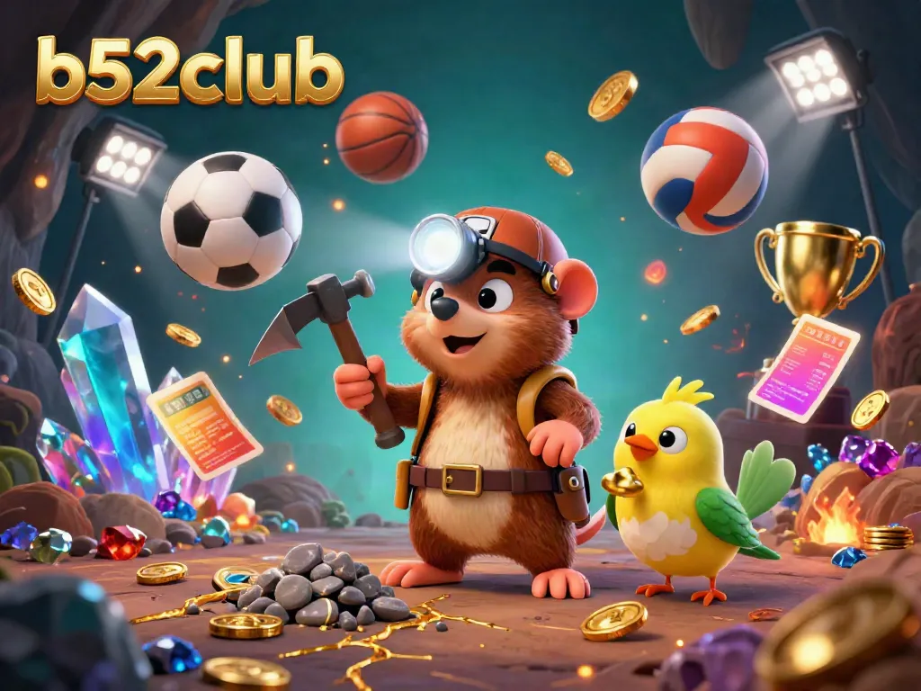 B52Club treasure hunter mole and canary celebrate wins with vibrant game elements.