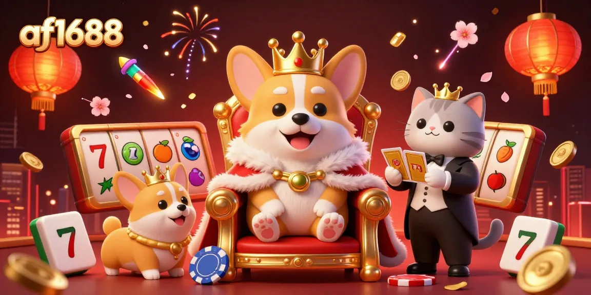 Experience the excitement of gambling in af1688 with a vibrant 3D illustration featuring a royal corgi on a throne of poker chips.
