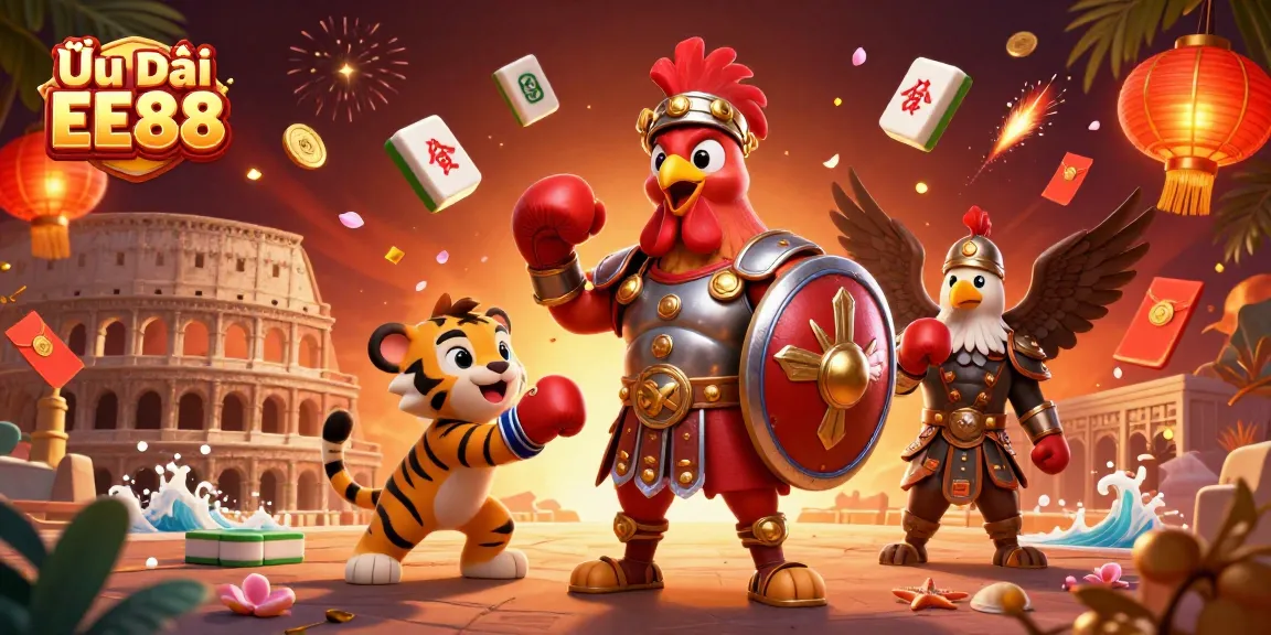 Engage with Ưu Đãi EE88 as a 3D gladiator rooster sparring in a vibrant casino-themed illustration.