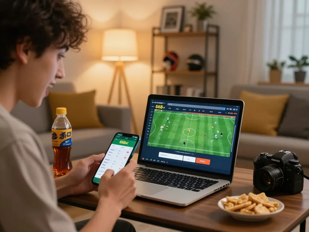 Participando de apostas esportivas na 668bet a partir de um ambiente aconchegante na sala de estar com laptop e smartphone.