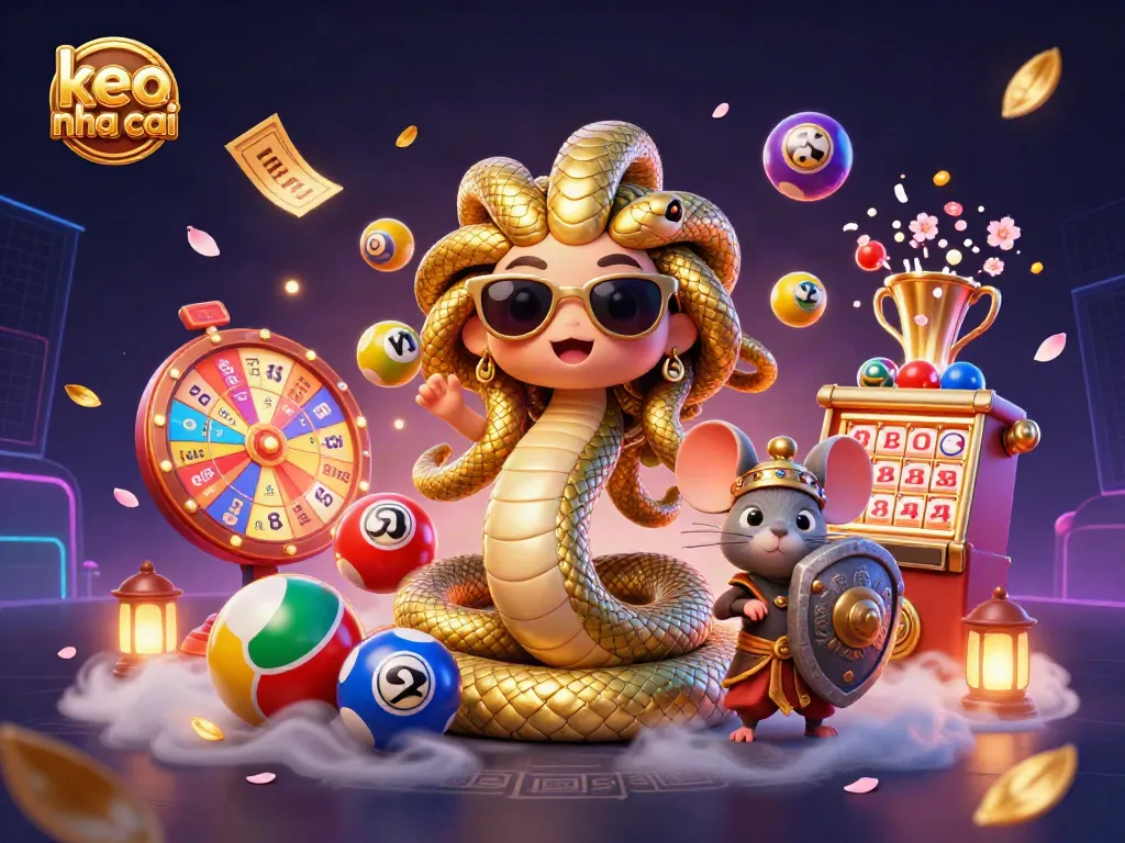 Play with keo nha cai among exciting casino elements, featuring vibrant lottery balls and a trophy.
