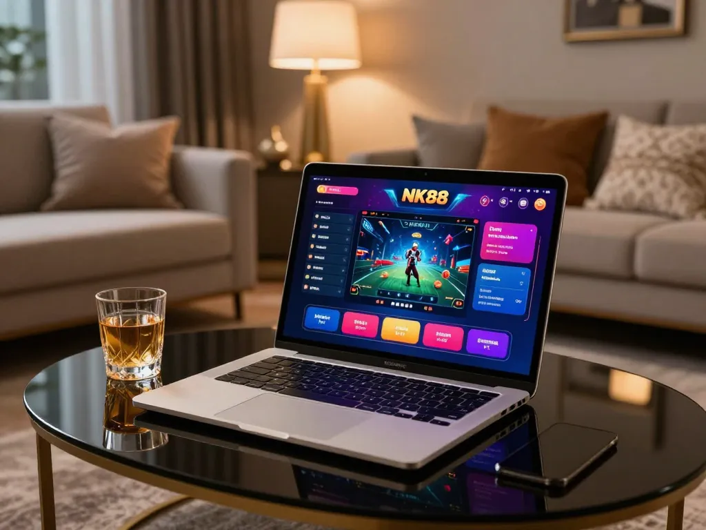 Navigating NK88 vin online casino gaming on a stylish laptop with vibrant interface