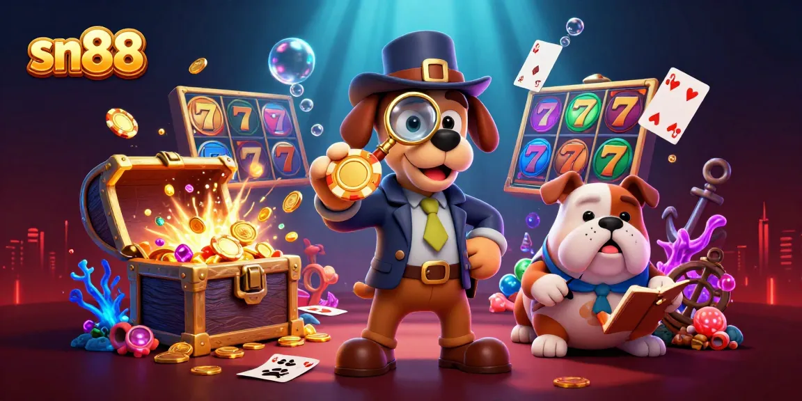 Experience thrilling slots action at sn88 with a playful detective duo uncovering treasures in a colorful casino