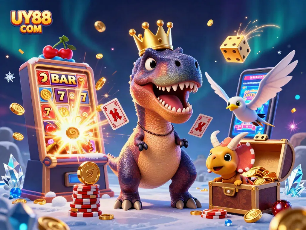 Engage with UY88 COM's vibrant casino scene featuring fun dinosaur characters winning big!