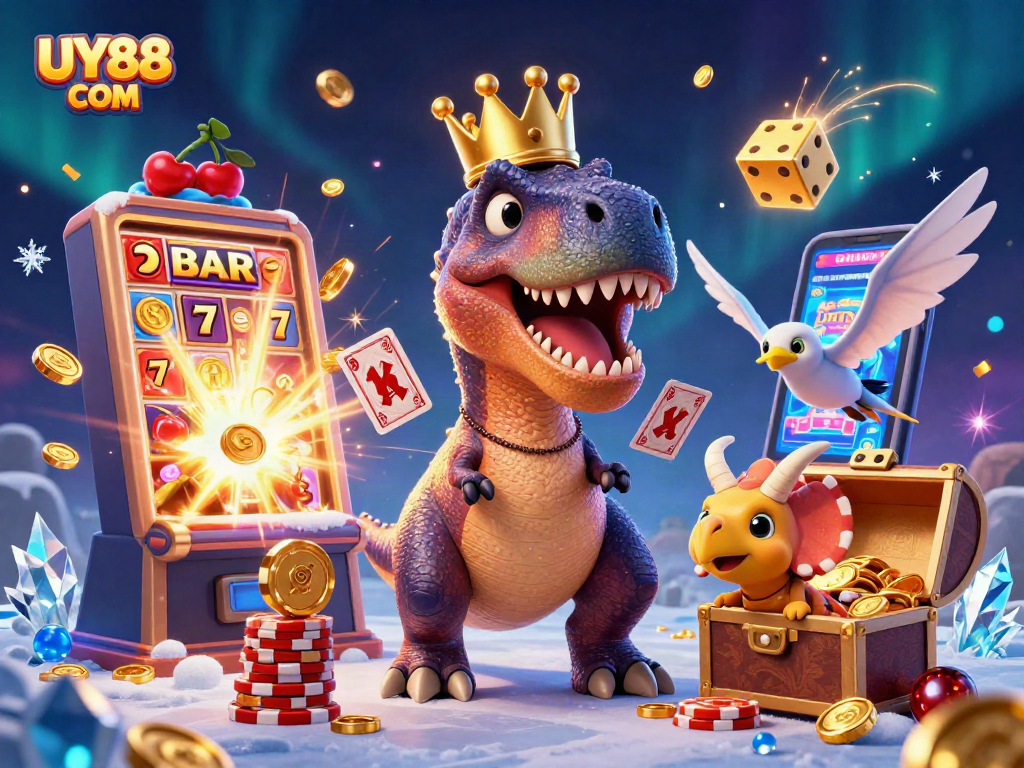 Engage with UY88 COM's vibrant casino scene featuring fun dinosaur characters winning big!