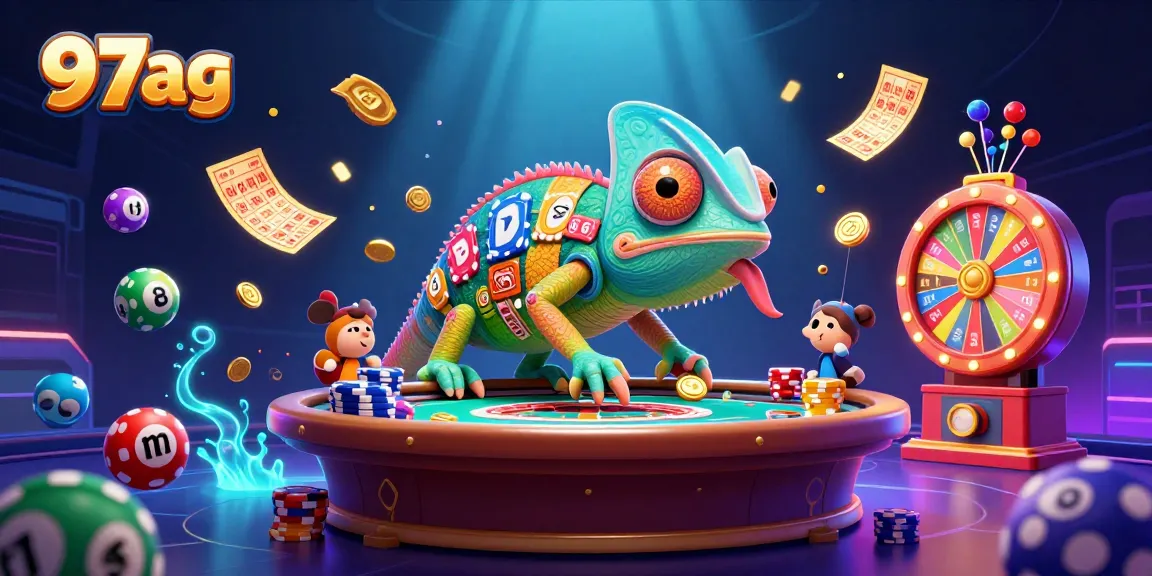 Engaging illustration of 97ag's vibrant gaming ecosystem, showcasing a playful chameleon character and casino elements.