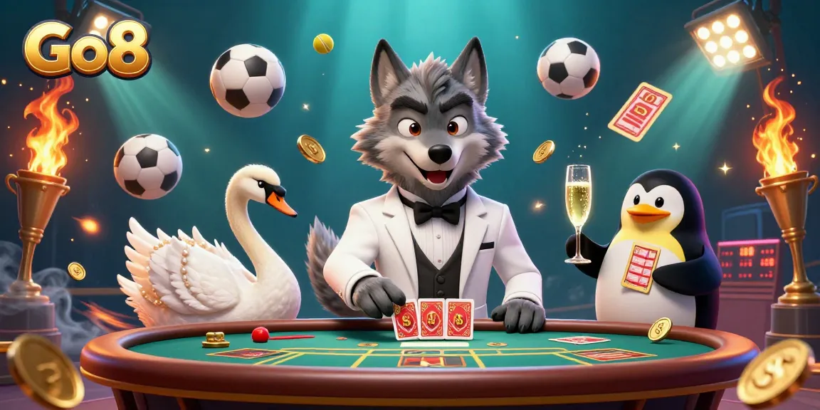 Experience Go8's unique gaming adventure with a debonair wolf, elegant swan, and penguin serving drinks at an extravagant baccarat table.