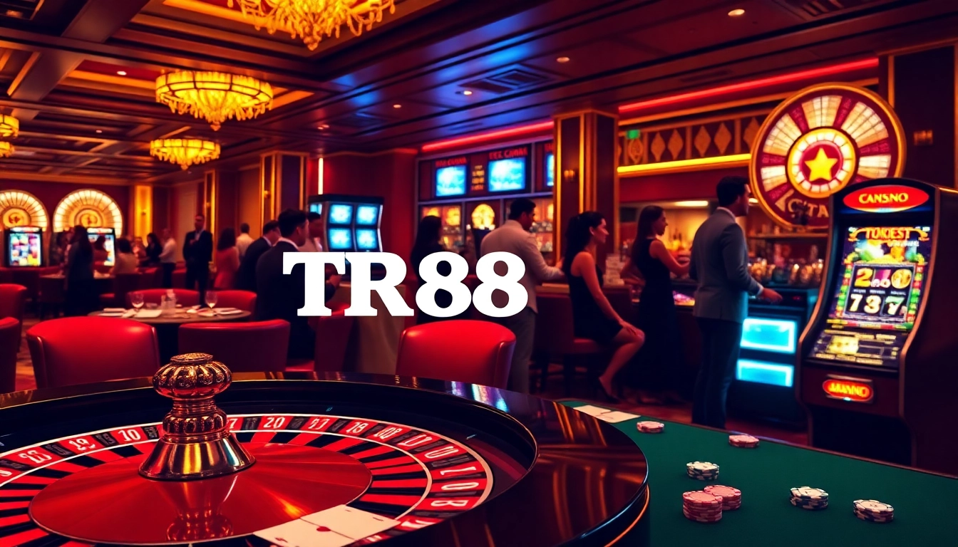 Players enjoying a thrilling game at TR88 casino, featuring roulette and vibrant slot machines.
