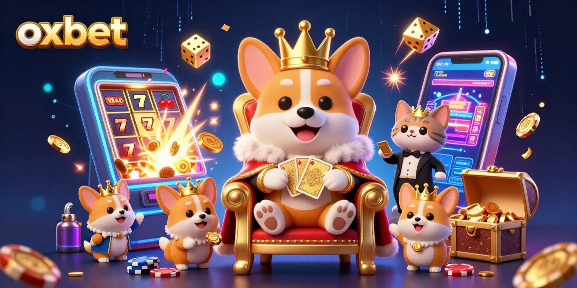 Experience winning at oxbet with a royal corgi surrounded by vibrant casino elements.