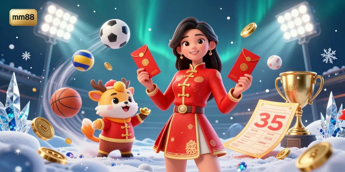 Experience thrilling betting with mm88 through a vibrant 3D casino scene highlighting sports elements and festive charm.