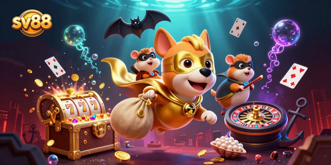 Spin the reels with sv88's cartoon canine hero collecting coins in a thrilling casino adventure.
