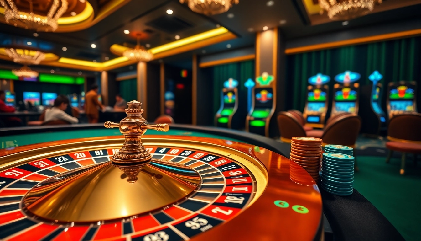 Experience the excitement of gaming at Luckywin with vibrant poker chips and a roulette wheel.