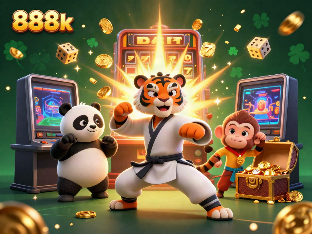Engage with 888k's vibrant casino scene with cartoon characters amidst slot machines and gold.