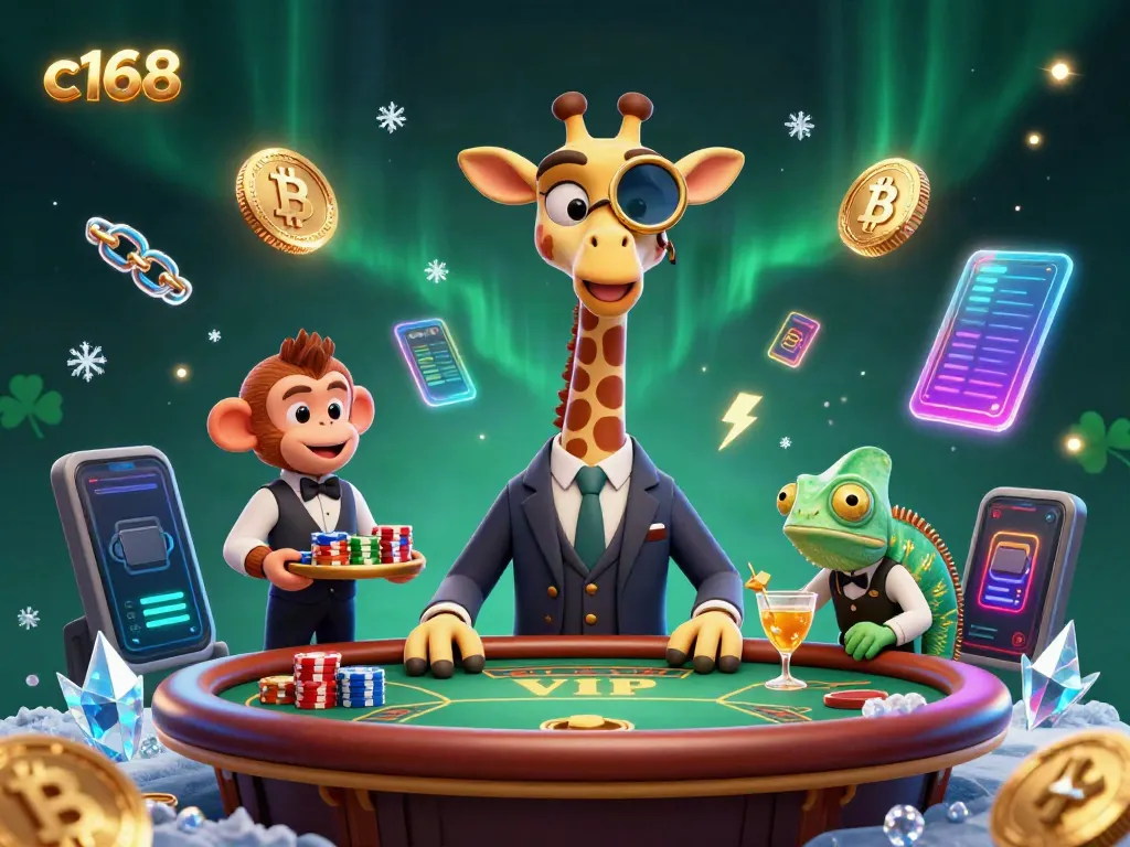 c168 offering a vibrant gaming scene with a high-roller giraffe and crypto elements, showcasing poker excitement