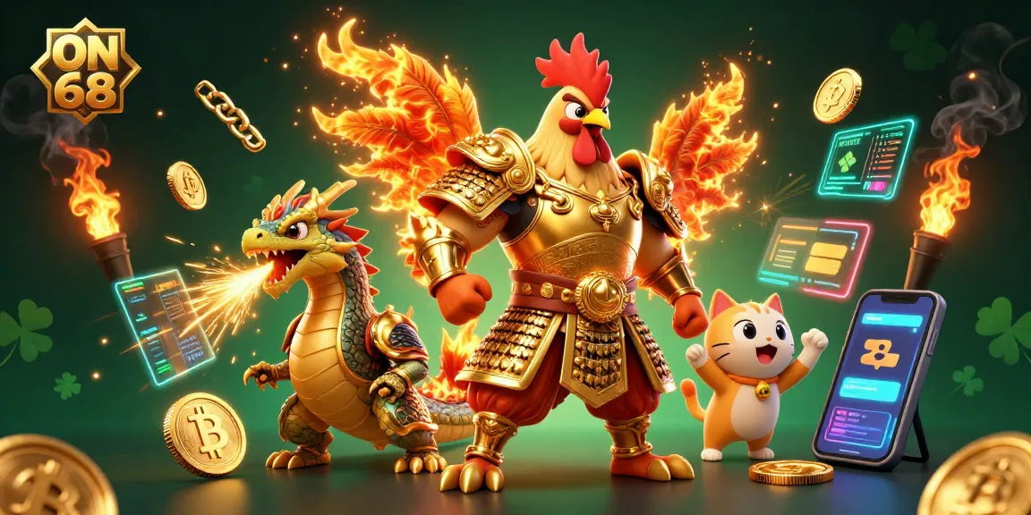 Bet on ON 68 with a powerful fighting rooster warrior and crypto elements in a lively 3D casino scene.