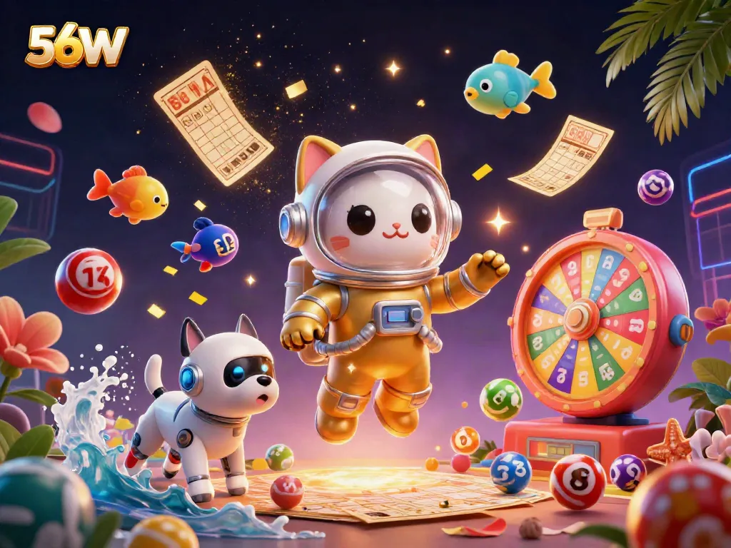 Experience thrilling gaming with 56W, where a space cat and robot dog venture into a colorful cosmic jackpot.