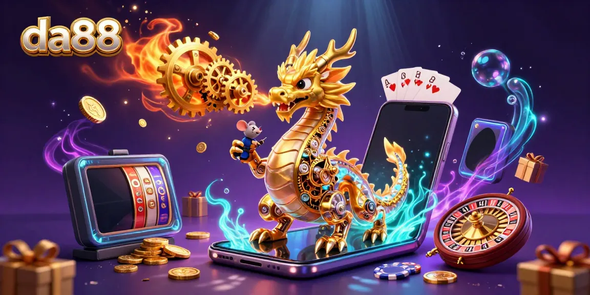 Experience exciting gaming action at da88 with a vibrant 3D illustration of dynamic casino elements.