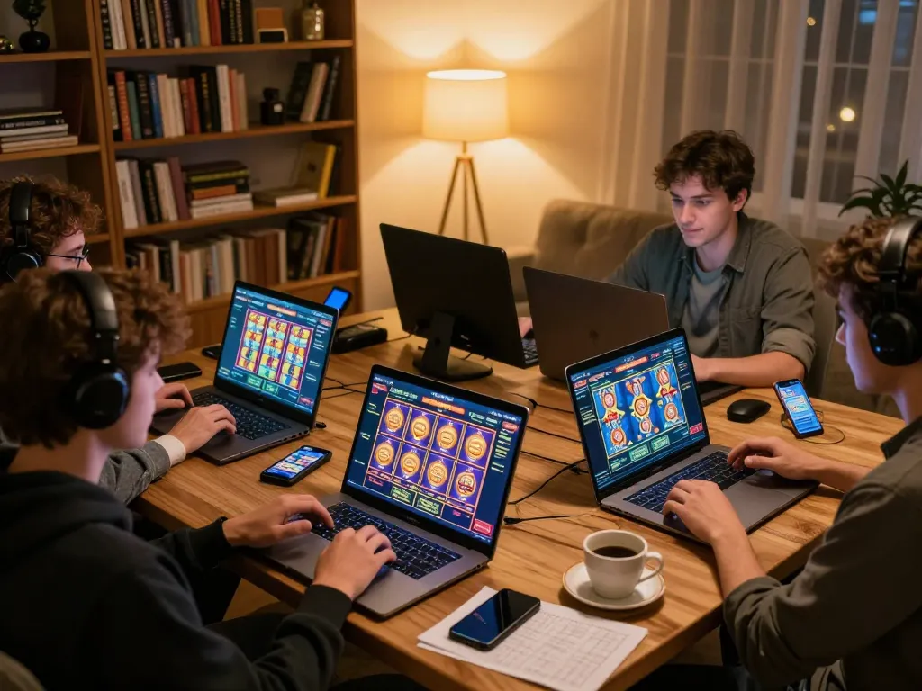 Players enjoying 81ff com slot games on laptops and smartphones in a cozy home environment.