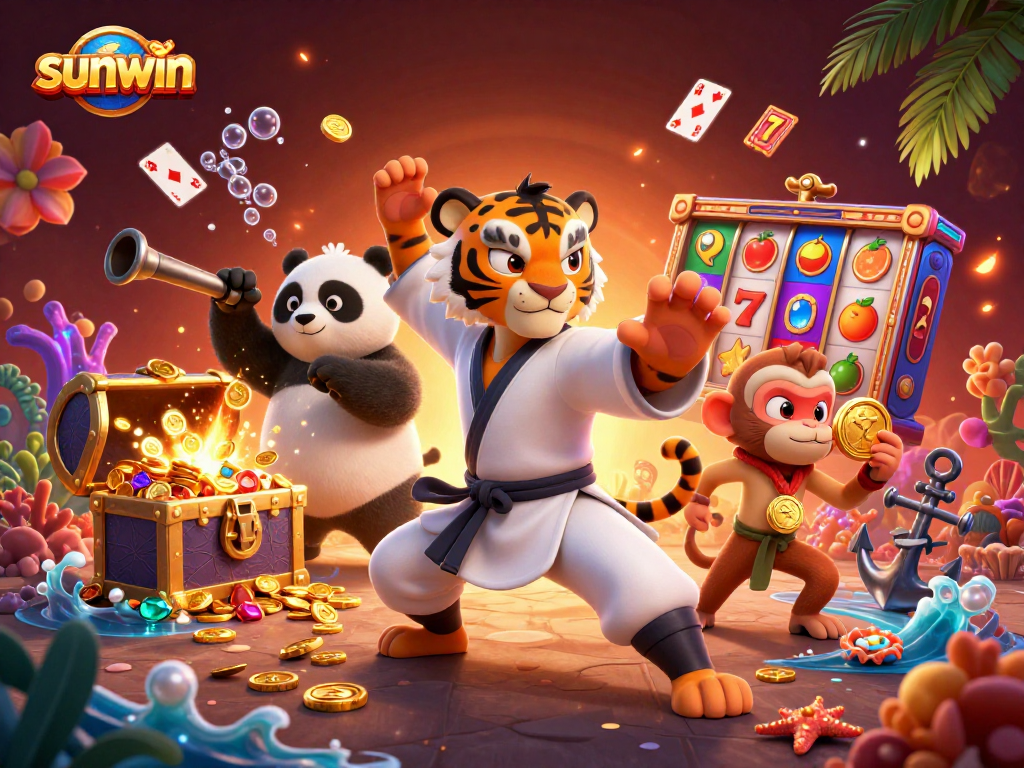 Join the fun with sunwin at a colorful casino scene featuring a kung fu tiger mastering a jackpot win.