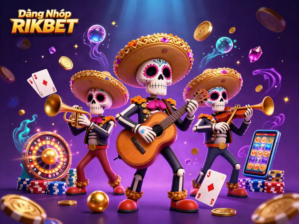 Experience gaming excitement with Đăng Nhập RIKBET, showcasing vibrant mariachis and dynamic casino elements.