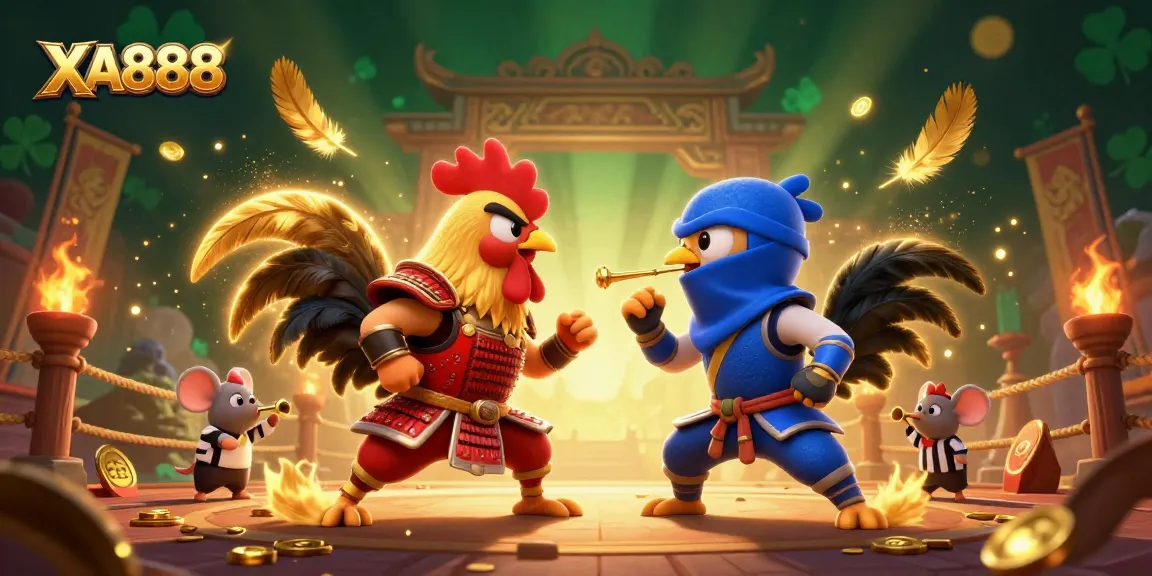 Experience thrilling action with XA888 as cockfighting roosters clash in an energetic arena.