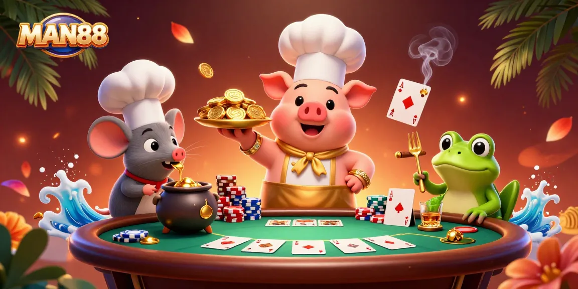 Experience the excitement of MAN88 with a playful scene showcasing a chef pig serving gold coins as tasty treats.