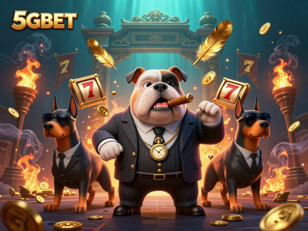 Experience 5GBET's thrilling slots with a mafia boss and Doberman bodyguards in a vibrant casino scene.