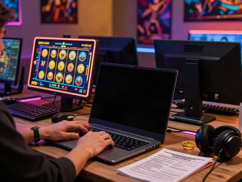 Jogador de slot utilizando laptop com jogos vibrantes e moedas digitais caindo na tela.
