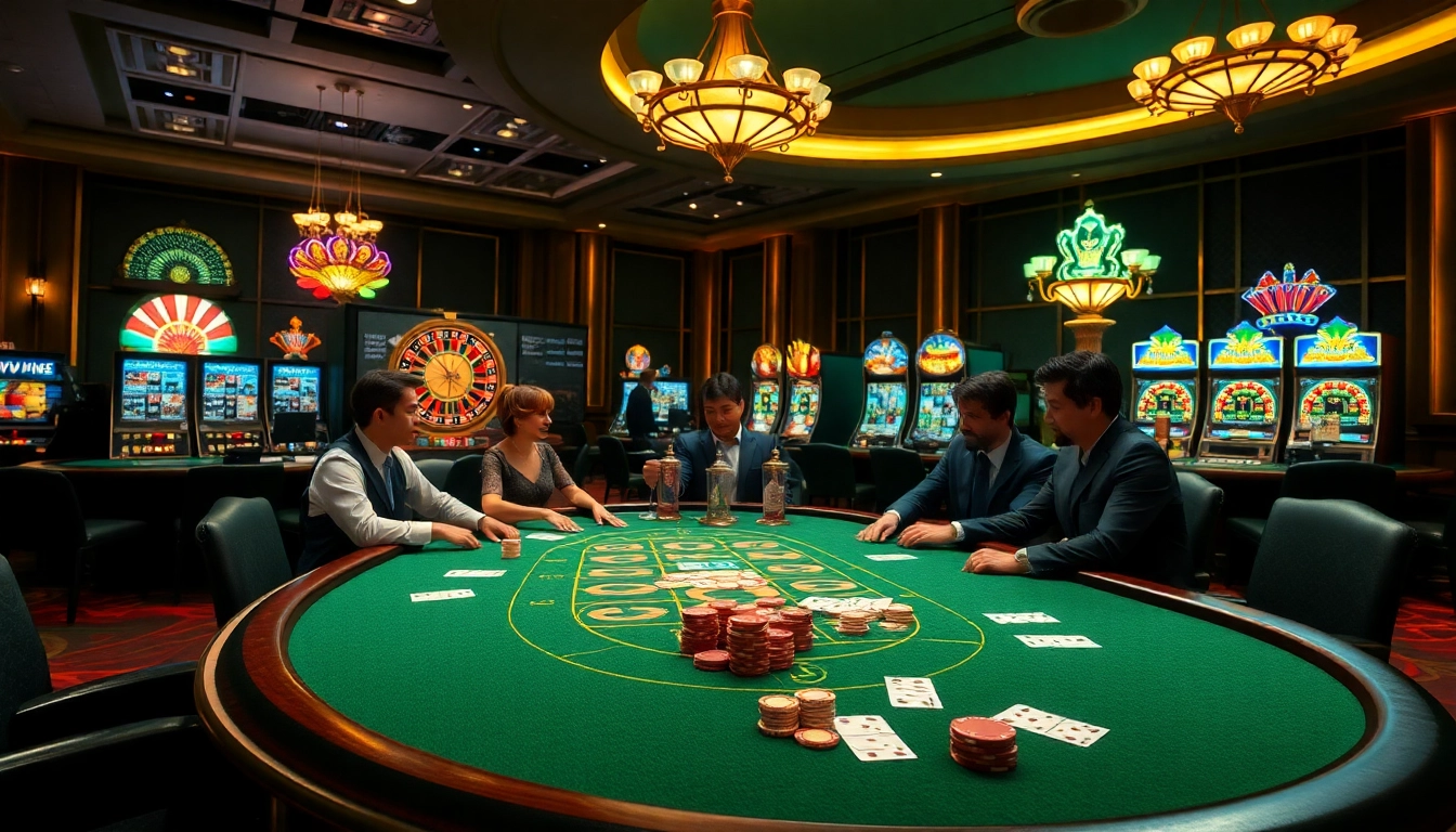 High-stakes poker atmosphere at NK88, featuring elegant tables and vibrant slot machines.
