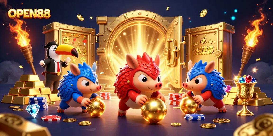 Experience the thrill of OPEN88 with rival pangolins in an exciting 3D casino scene!