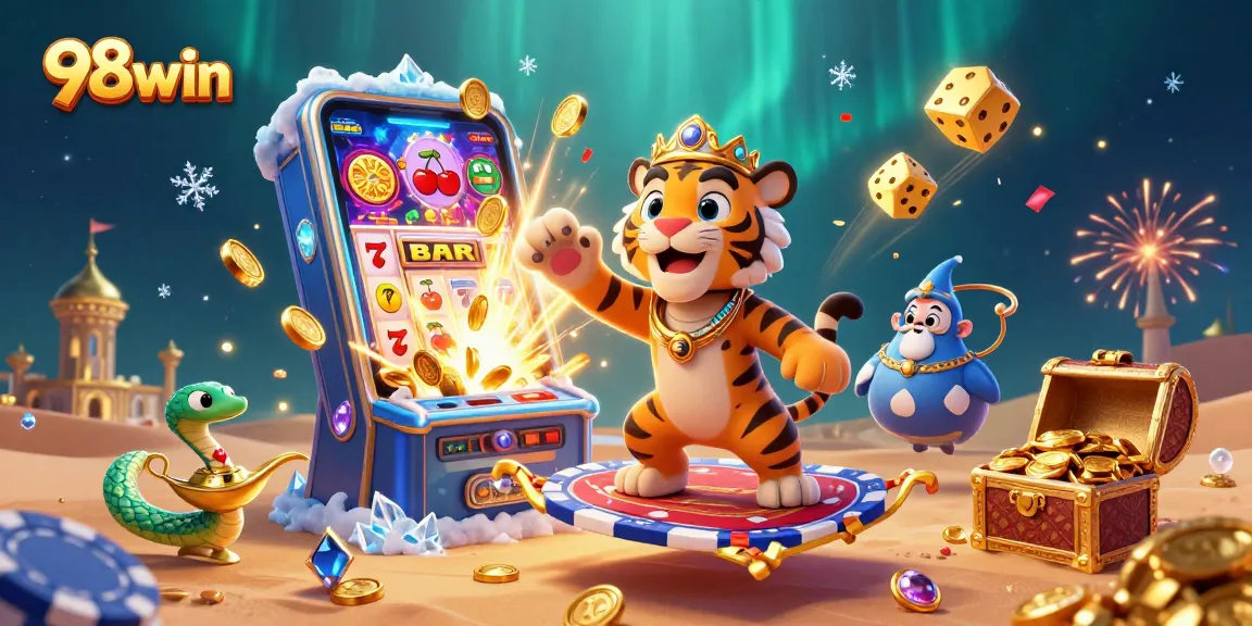 Spin to win with 98win's vibrant slot machine scene featuring intense casino chaos and thrilling symbols.