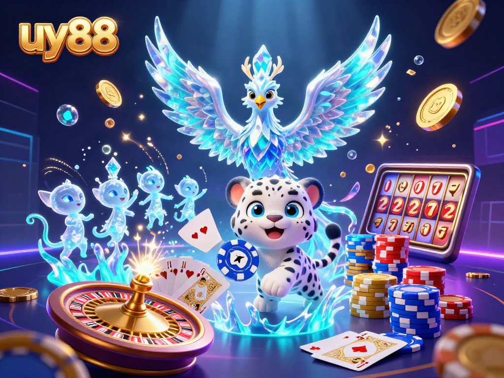 Experience excitement with uy88's vibrant 3D casino art showcasing an ice phoenix and poker elements.