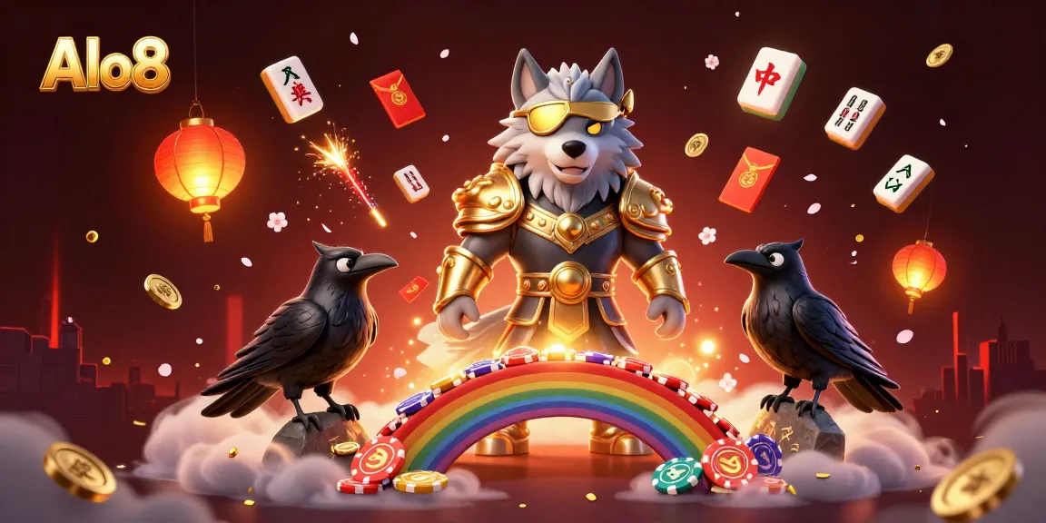 Alo8 engages players with a magical scene of Odin and his ravens exploring a vibrant casino world filled with golden treasures.