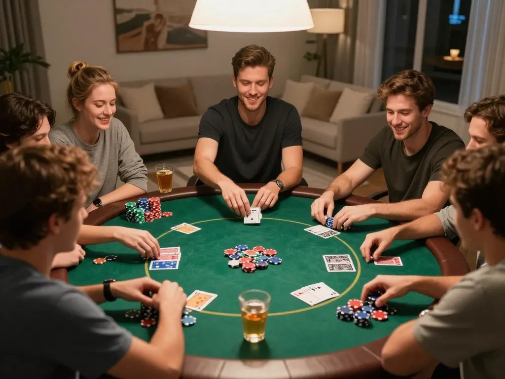 Amigos aproveitando uma emocionante noite de poker em casa com 887bet, exibindo jogabilidade envolvente e camaradagem.