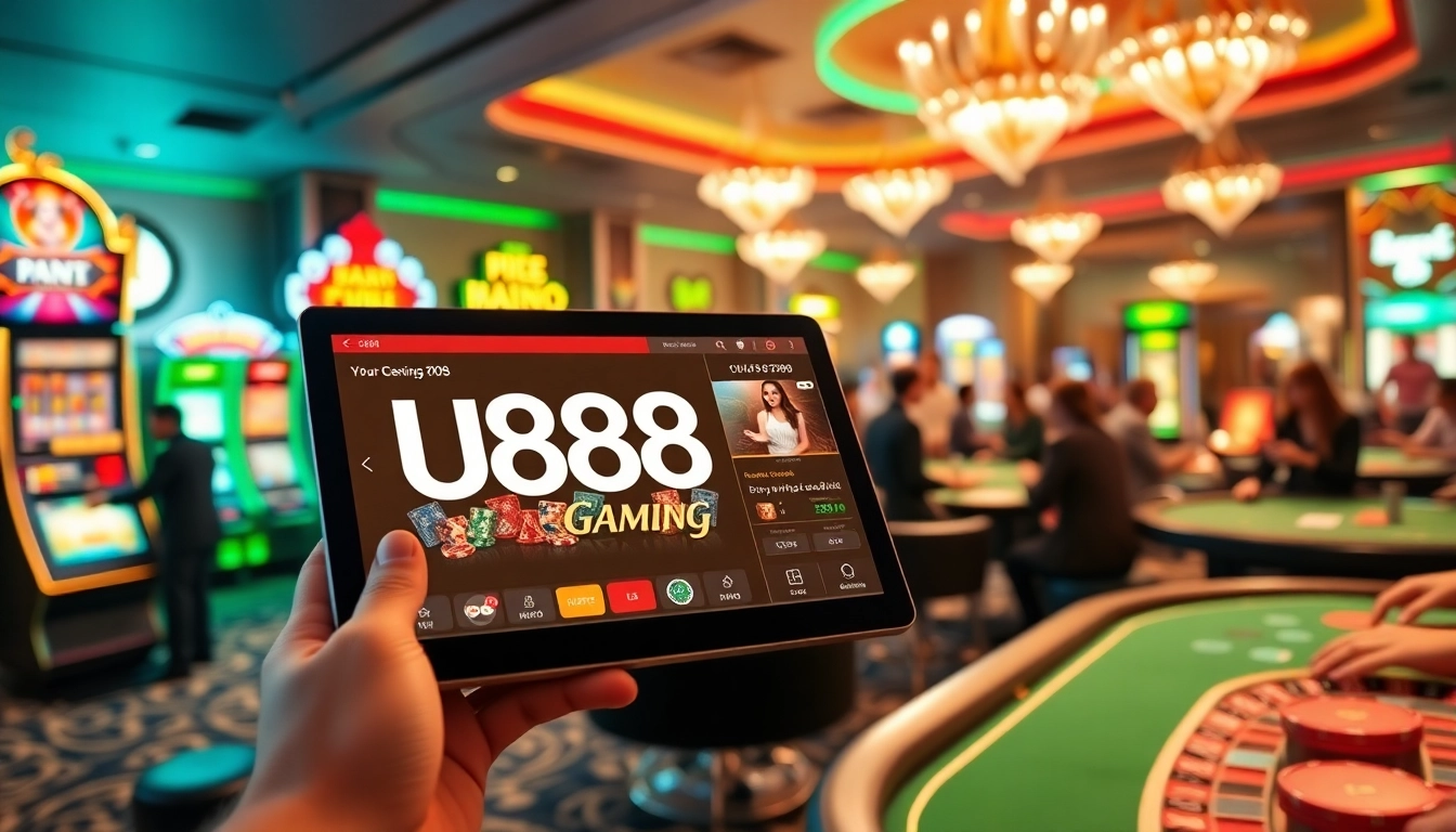 Engage in thrilling casino action at U888 with vibrant slot machines and roulette tables.