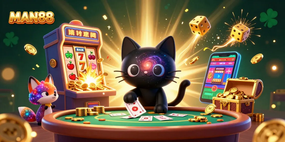 Experience thrilling gaming with MAN88 in a cosmic casino festivity, featuring vibrant characters and dynamic action.