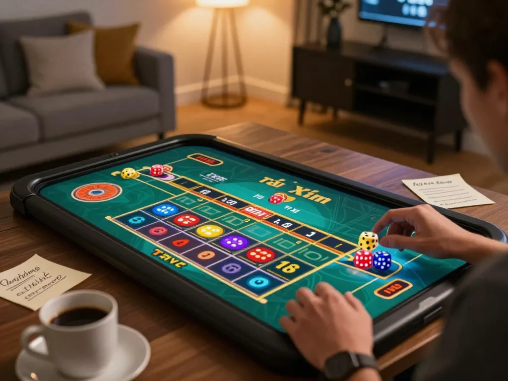 Player enjoying a game of tài xỉu on a tablet, showcasing an immersive online gaming experience.