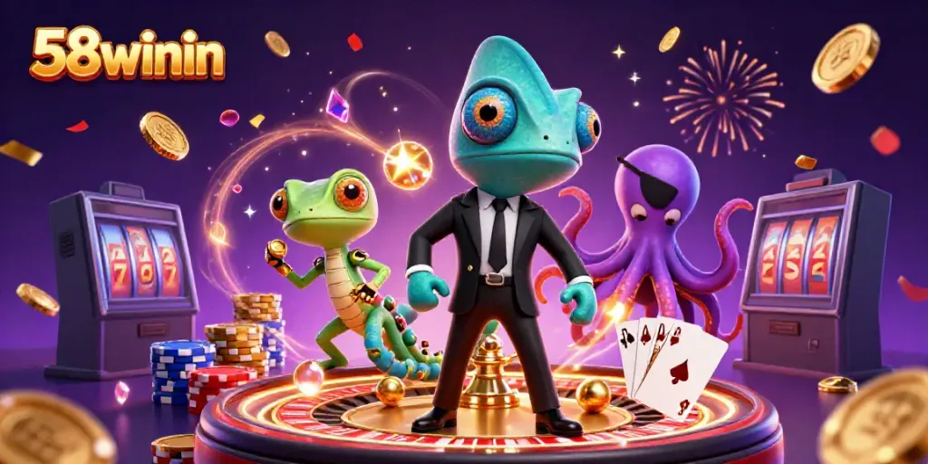 Engage in thrilling adventures at 58winin with vibrant characters, casino chips, and games.