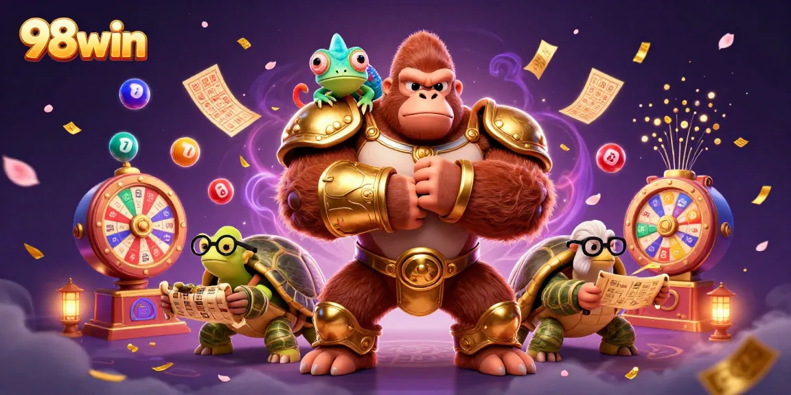 Experience the excitement of 98win with vibrant lottery elements and dynamic casino characters!