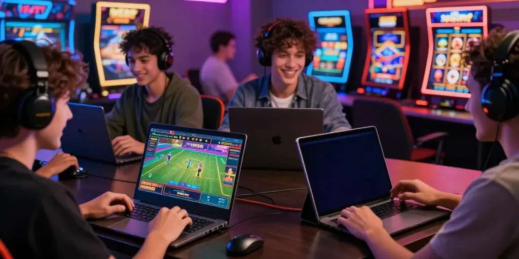 Players enjoying the SKY88 gaming platform on various devices, showcasing excitement and community.