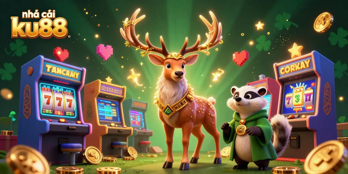 Engage with the vibrant slots atmosphere at nhà cái ku88, featuring a mystical druid and arcade references.
