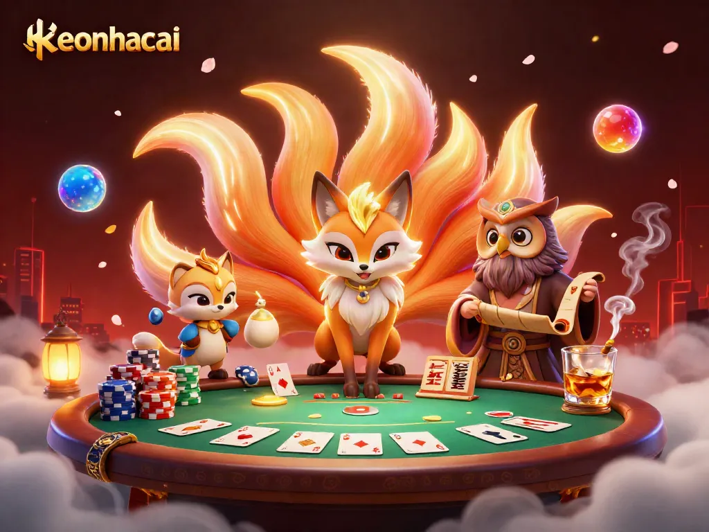 Engage with keonhacai's vibrant poker scene featuring a mystical nine-tailed fox and wise owl.