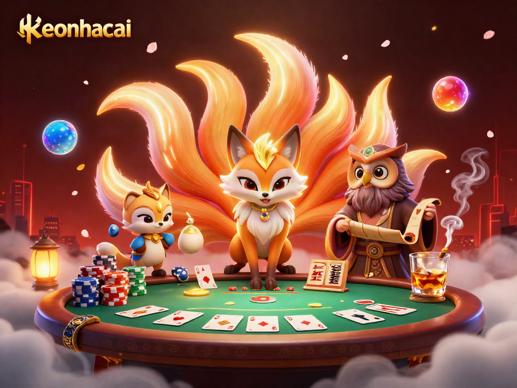 Engage with keonhacai's vibrant poker scene featuring a mystical nine-tailed fox and wise owl.