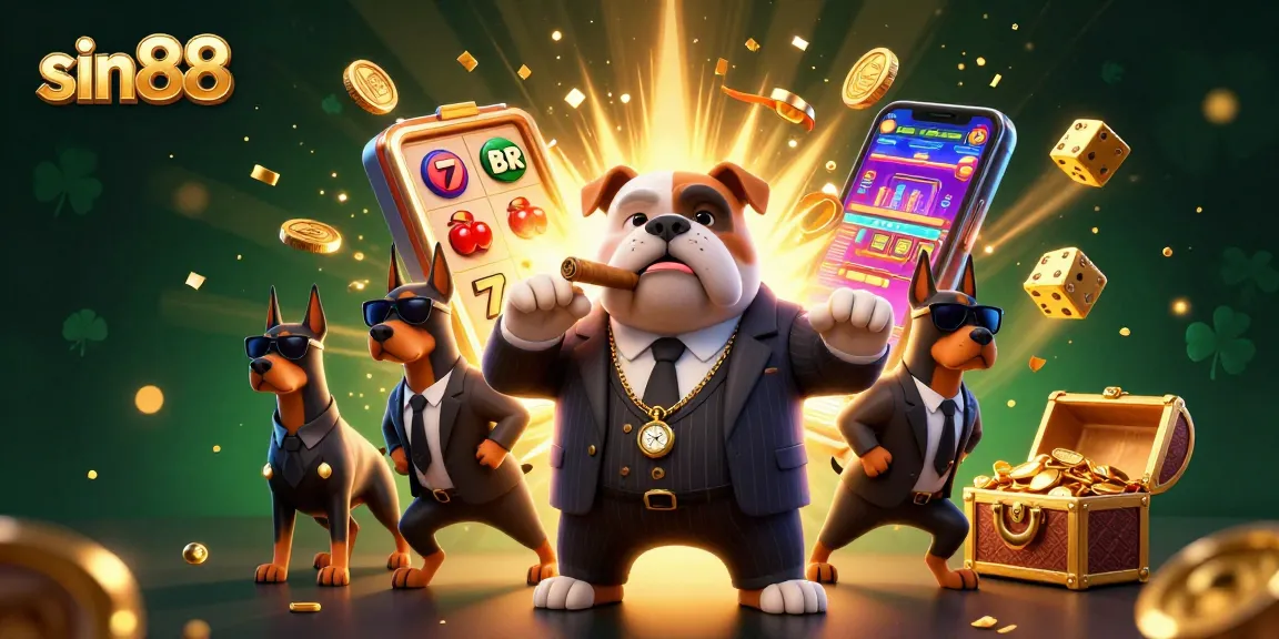 Experience sin88 with a vibrant illustration showcasing a mafia bulldog and dynamic casino elements.