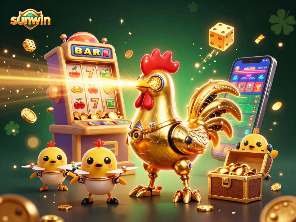Win big with sunwin as the golden rooster robot and chick drones celebrate a jackpot explosion.