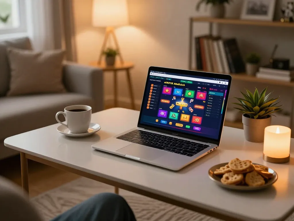 Engaged player exploring 45678 nhà cái with vibrant game interface in a cozy home setting.